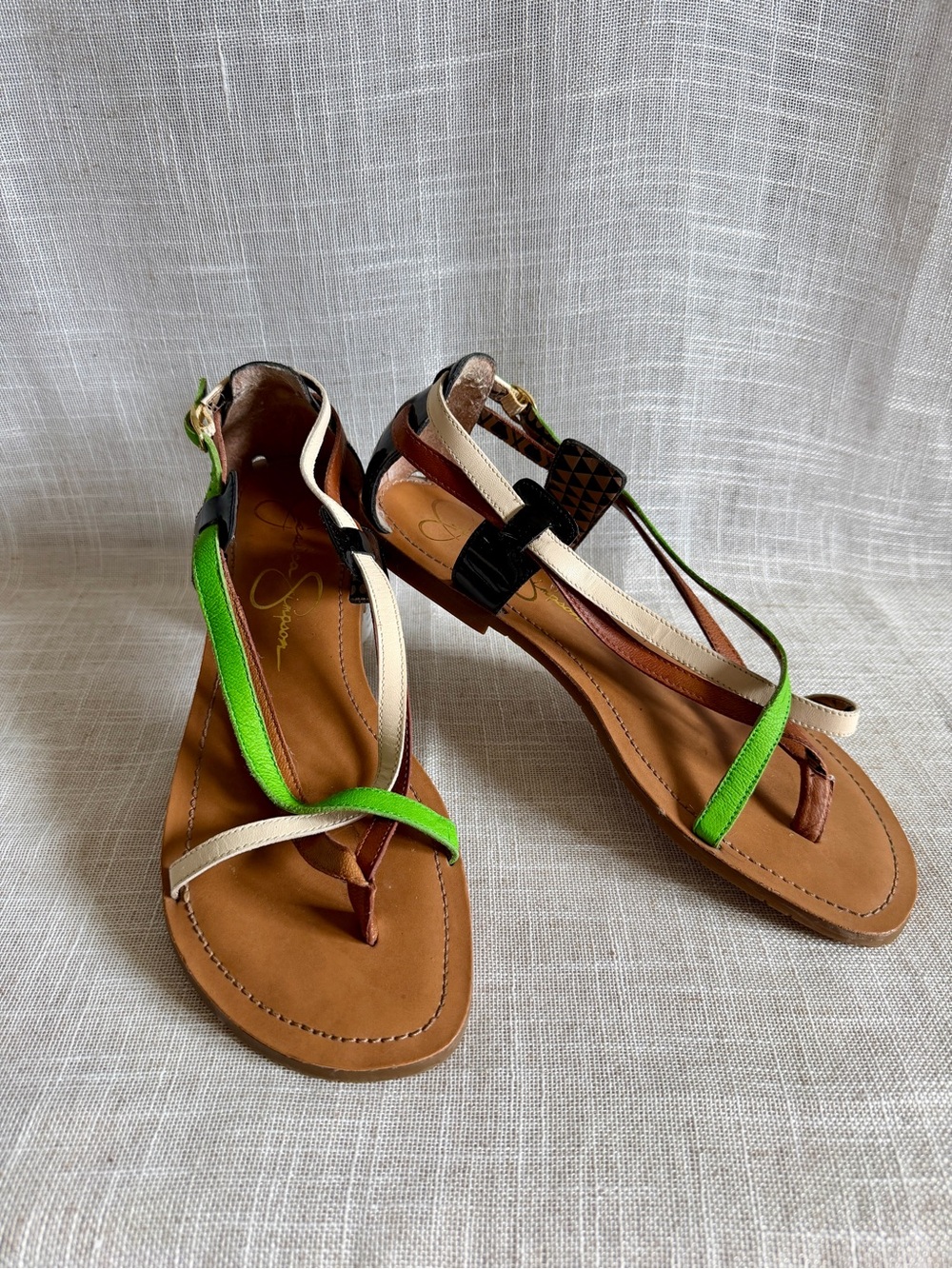 Jessica Simpson Brown, Bright Green and Cream Multi-Strip Sandals